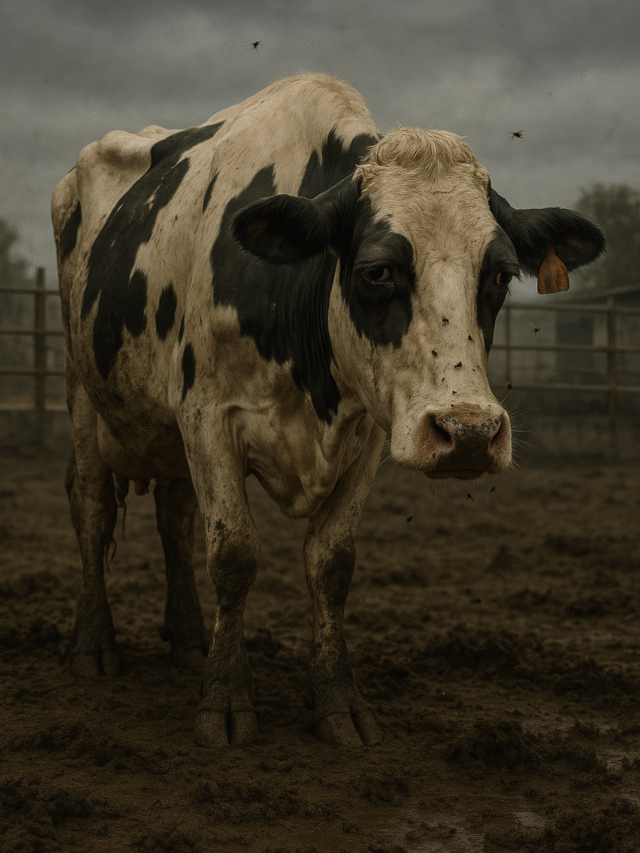 A sad looking cow standing