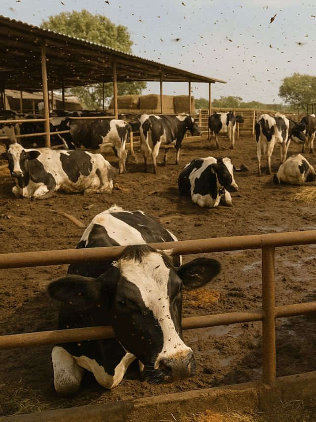Cows at a dairy farm irritated by flies
