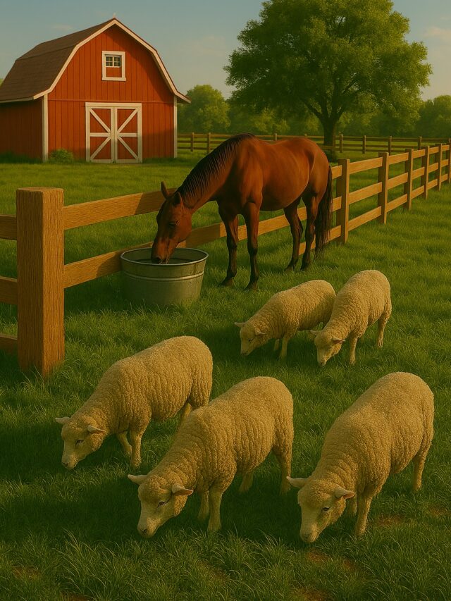 peaceful ranch sheep and horse