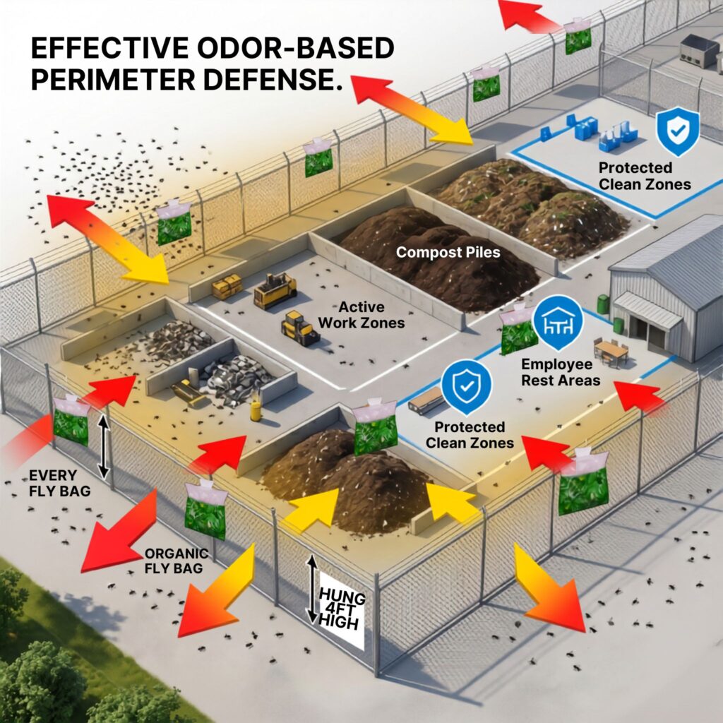 Odor-Based Perimeter Defense by Fly Trap Bags